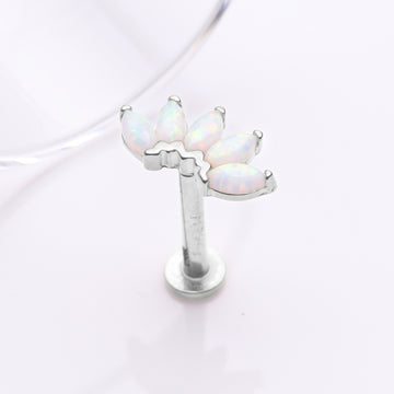 Detail View 1 of 14 Karat White Gold OneFit Threadless Brilliant Marquise Fire Opal Flower Flat Back Stud Labret-White Opal